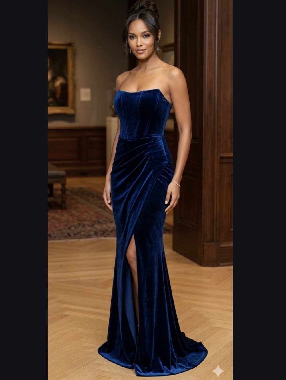 Xscape Navy Blue Strapless Velvet Evening Gown
